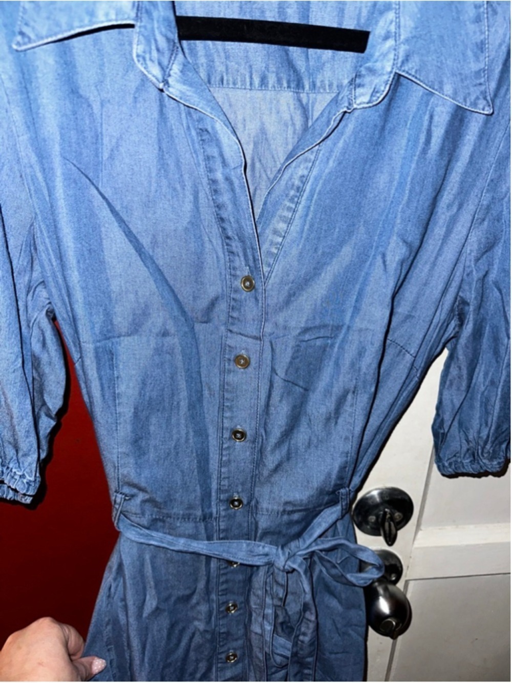 Sharagano Chambray Shirt Dress Button Front Tie Waist Blue Midi Size 10 - Picture 7 of 7